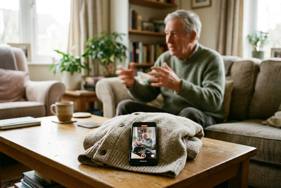 An older man talking on a sofa, a phone recording on the coffee table in front of him