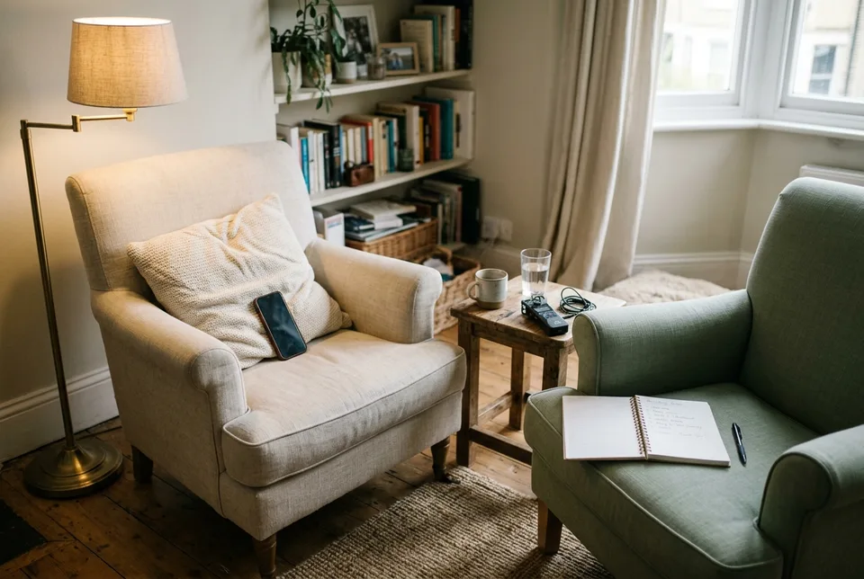 Two armchairs turned to face each other by a window, a lamp lit, ready for a conversation