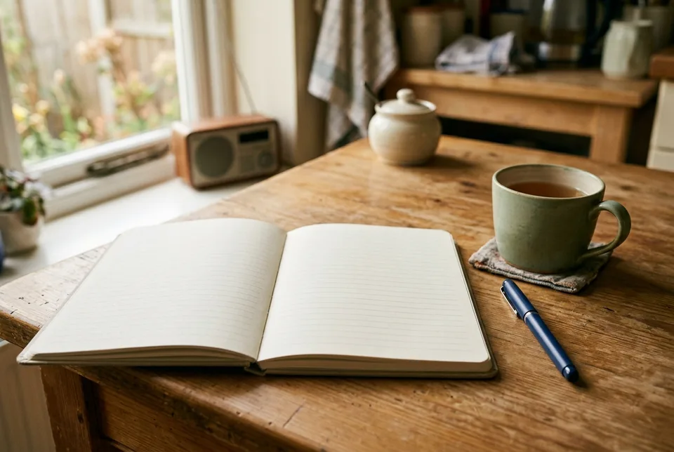 An open blank notebook on a kitchen table beside a mug and a pen that has not been picked up