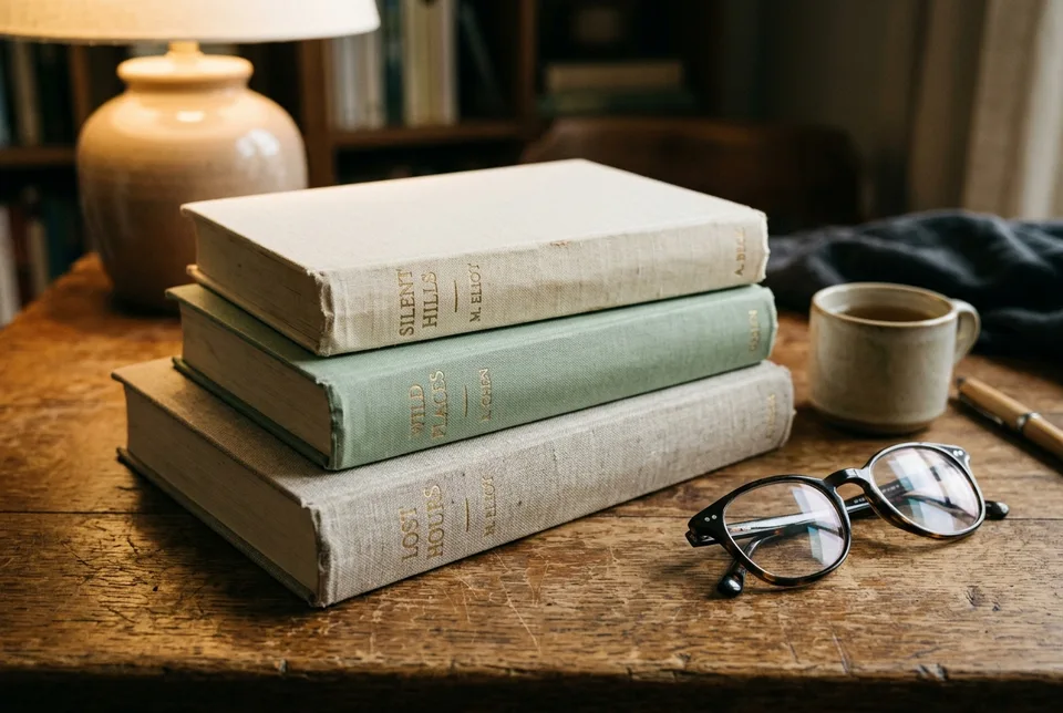Three hardback books stacked on a desk beside reading glasses and a mug
