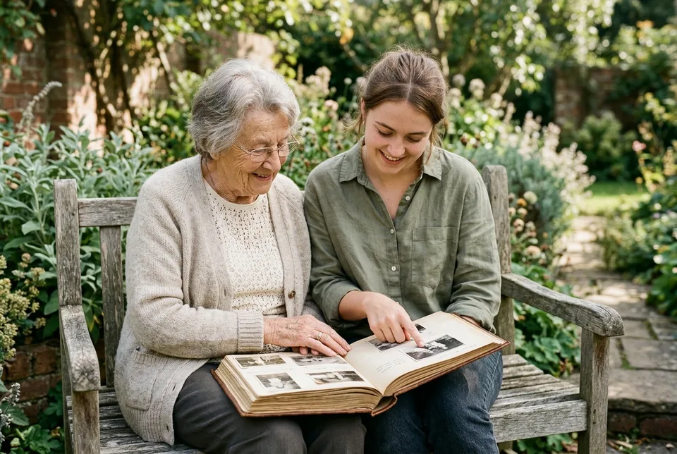 A grandmother and her granddaughter on a garden bench, a photo album open across their laps