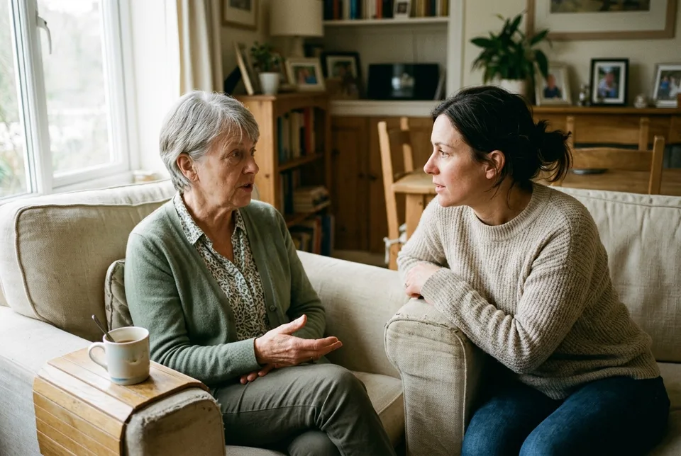 An older woman and her adult daughter talking on a sofa, mid-conversation