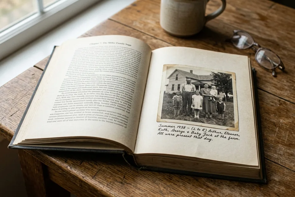 A book open at a page showing a black and white family photograph printed beside the text