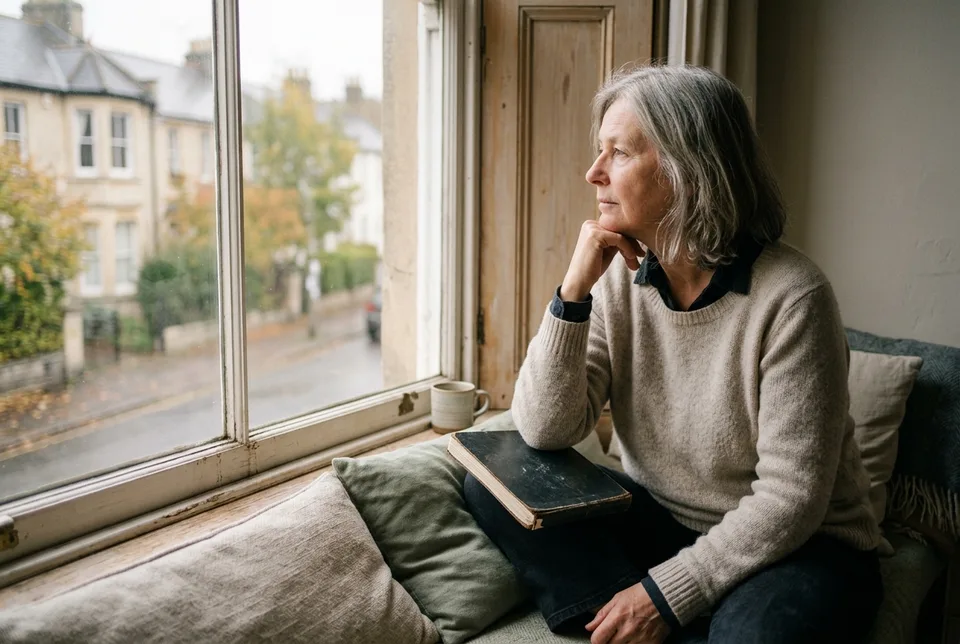 A woman at a window seat with a notebook closed on her knee, looking out rather than writing