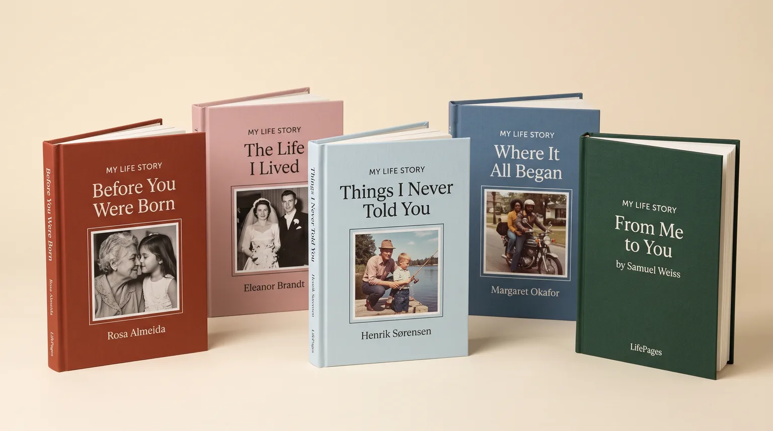 Five finished LifePages hardbacks standing together, each with its owner's title, name and a photograph on the cover