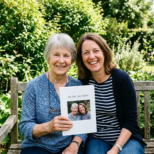 An older woman and her daughter on a garden bench, holding her finished life story