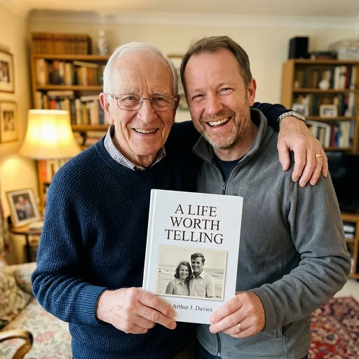 An older man and his son at home, holding up the finished hardback together