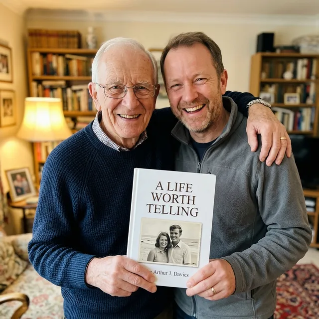 An older man and his son at home, holding the finished hardback together