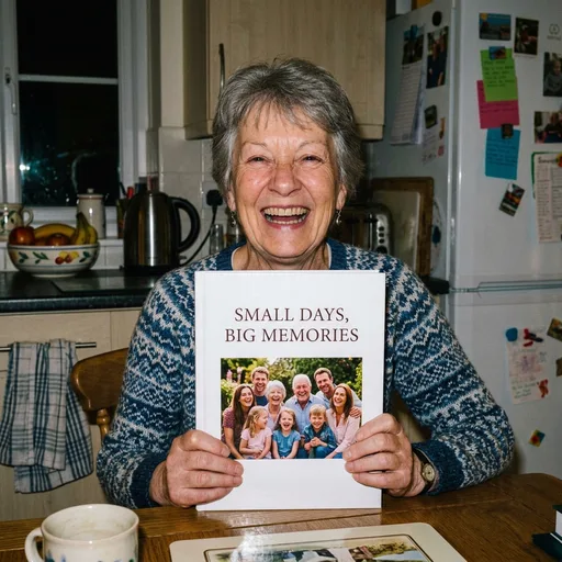 A woman in her kitchen holding up her finished life story, smiling