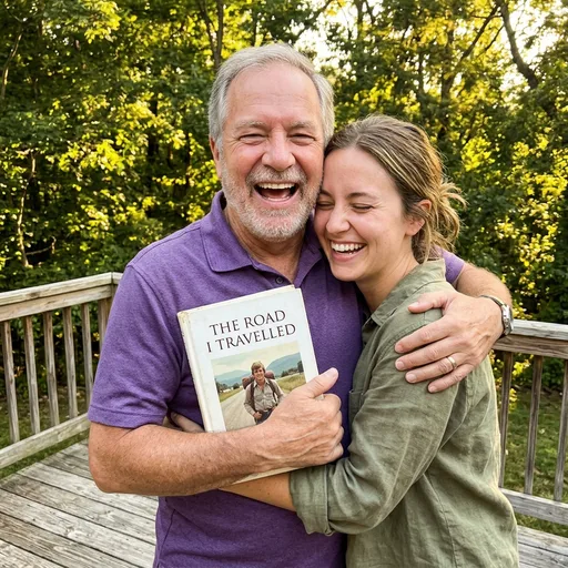 An older man and his daughter laughing outdoors, holding his finished book
