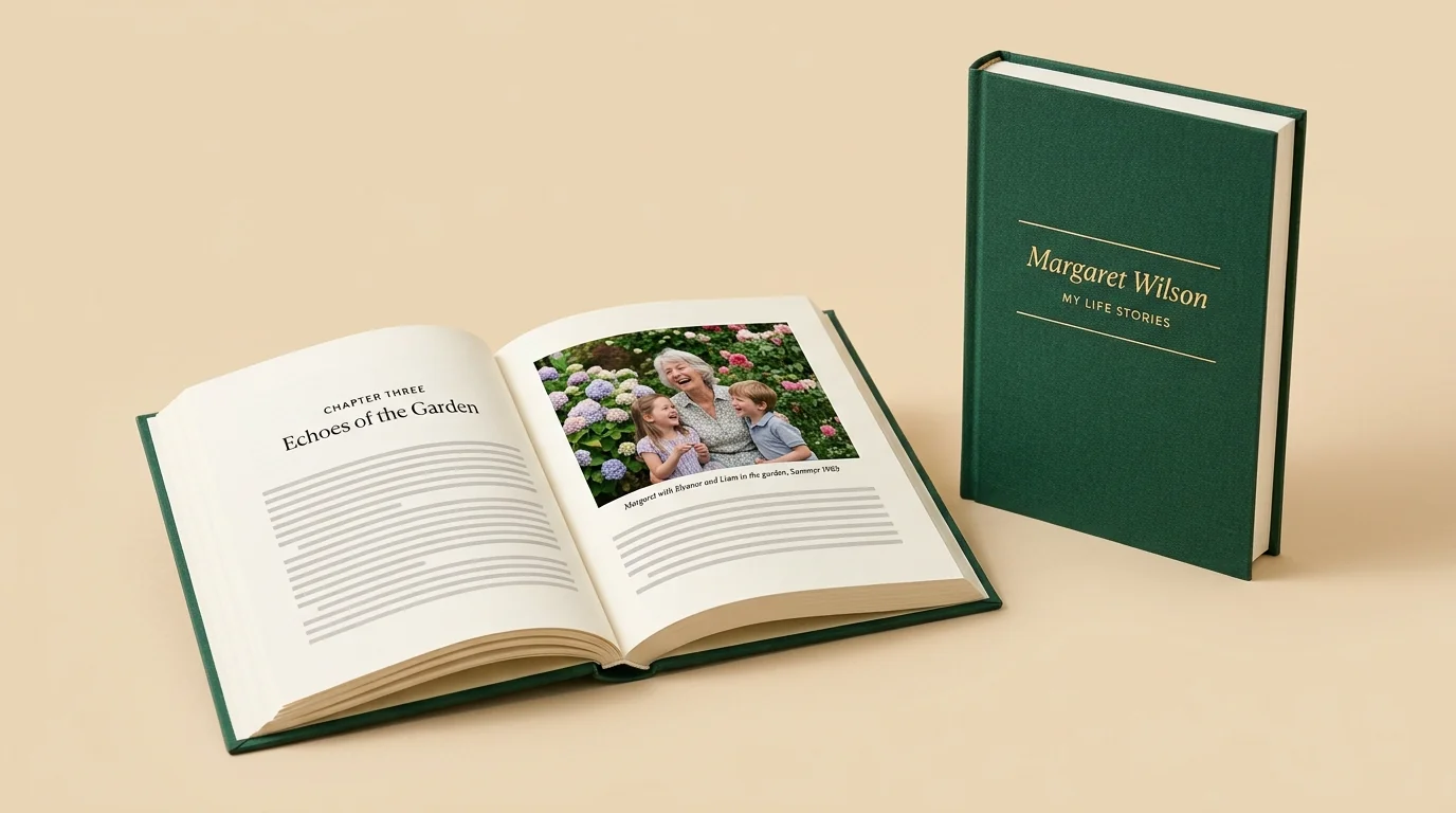 A finished life story lying open at a chapter, beside a closed green hardback
