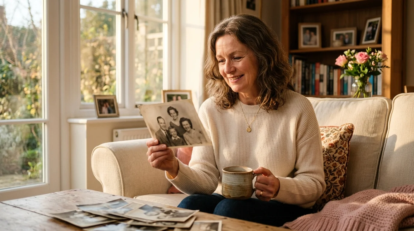 A woman at home going through a handful of old family photographs