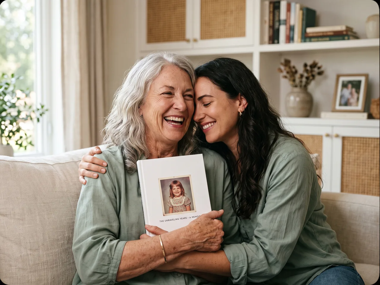 A mother and daughter laughing together on a sofa, holding the finished hardback of her life story