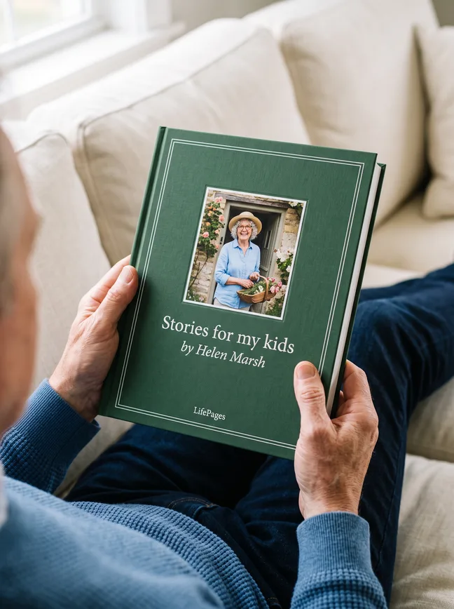 A man on a sofa reading his finished green hardback, “Stories for my kids”