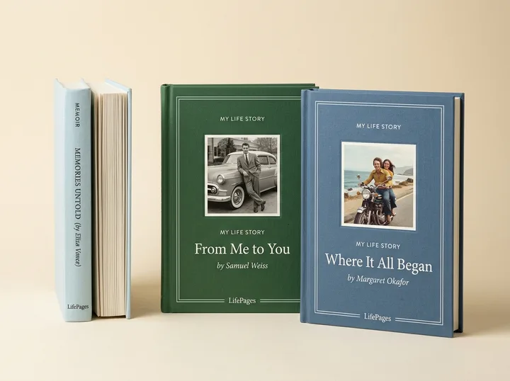 Three finished LifePages hardbacks standing together, two of them showing a photograph on the cover