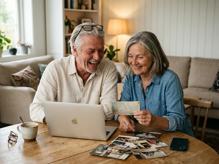 An older couple at a kitchen table going through a pile of old photographs beside a laptop