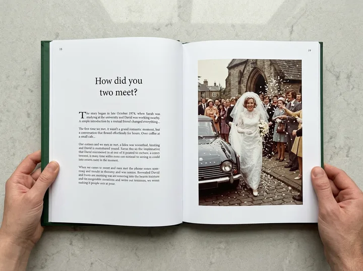 An open life story book showing the question “How did you two meet?” beside a wedding photograph from 1974
